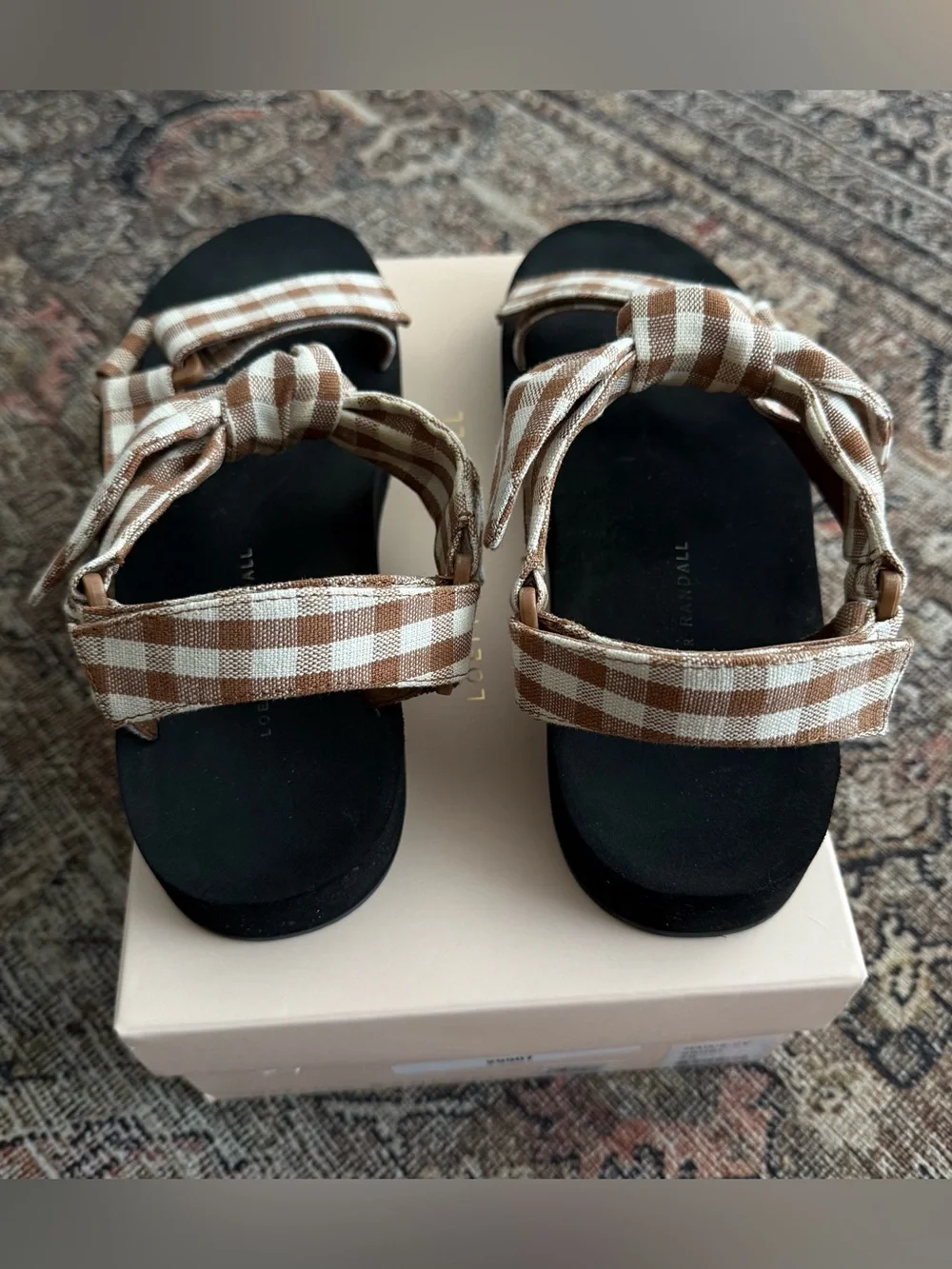 Loeffler Randall Maisie Brown and Cream Gingham Bow Sandals